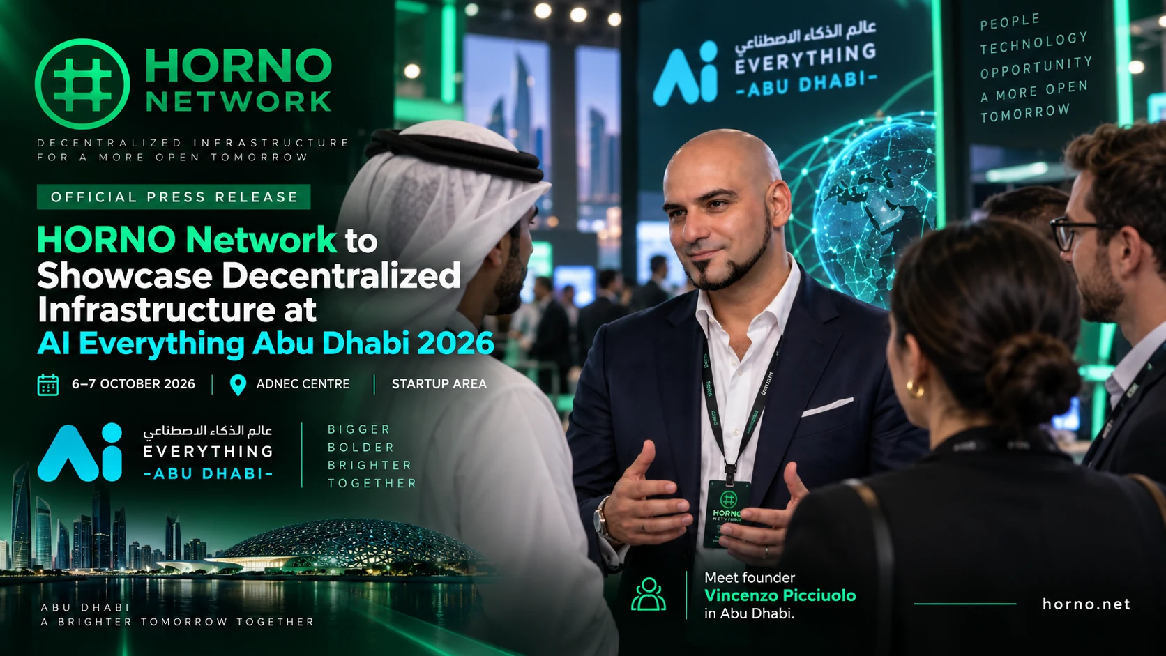 HORNO Network exhibition announcement for Ai Everything Abu Dhabi 2026 at ADNEC Centre